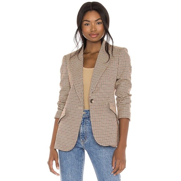 L’AGENCE Chamberlain Blazer In Tan Burgundy Houndstooth Size 4 - Picture 5 of 16